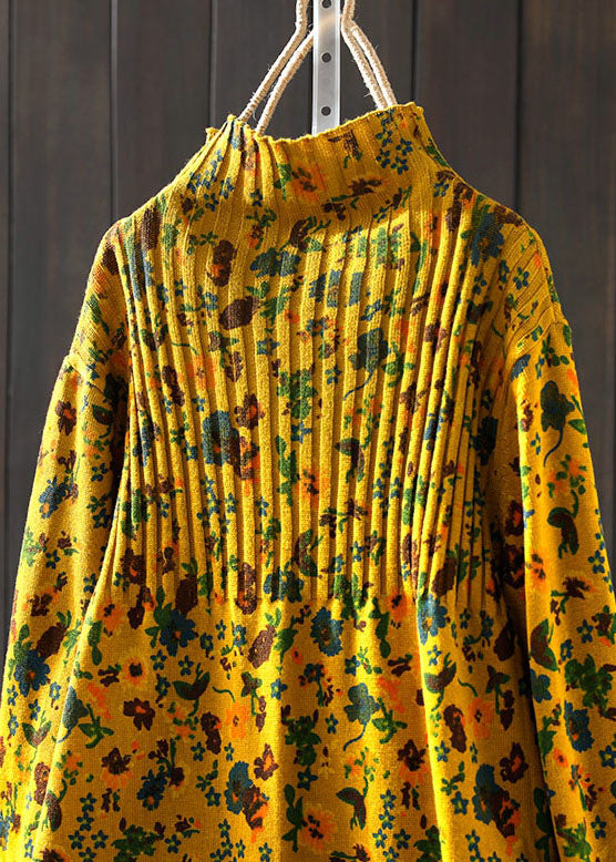Handmade Yellow Retro Print Loose Fall Knitted Sweaters
