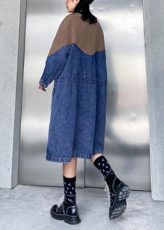 Handmade Denim Blue Cotton Quilting Dresses Drawstring Long Patchwork Dresses