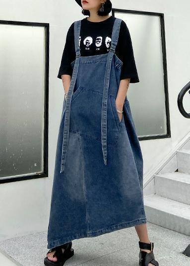 Handmade Denim Blue Cotton Sleeveless Pockets Cotton Robes Summer Dresses