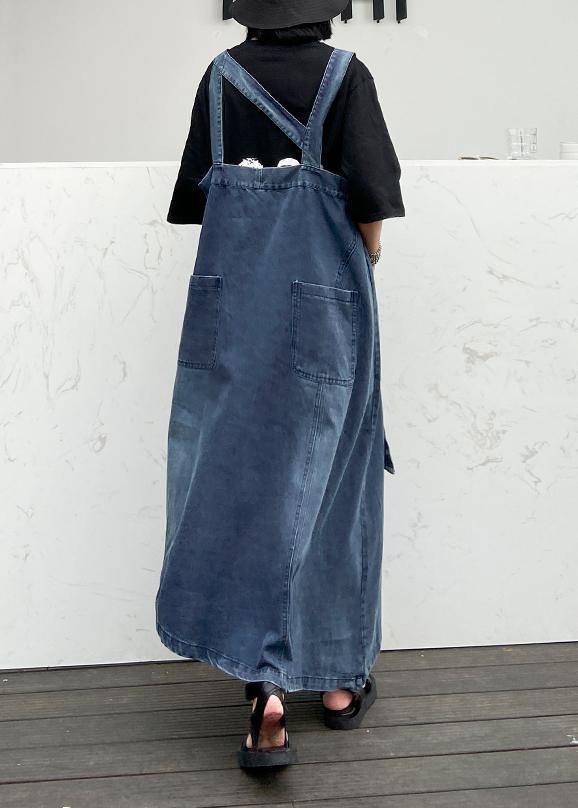 Handmade Denim Blue Cotton Sleeveless Pockets Cotton Robes Summer Dresses