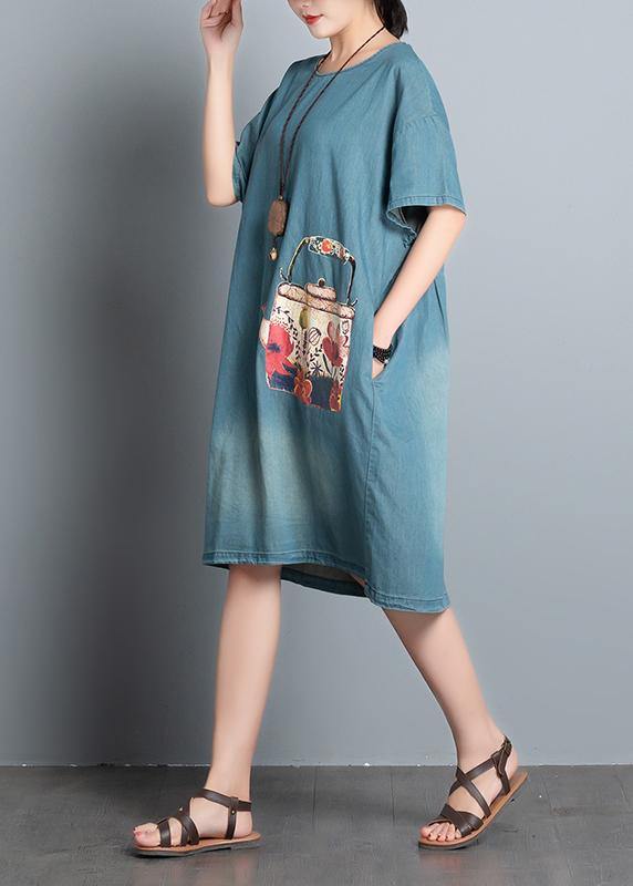 Handmade Denim Blue Print Cotton Quilting Dresses O Neck Art Summer Dresses