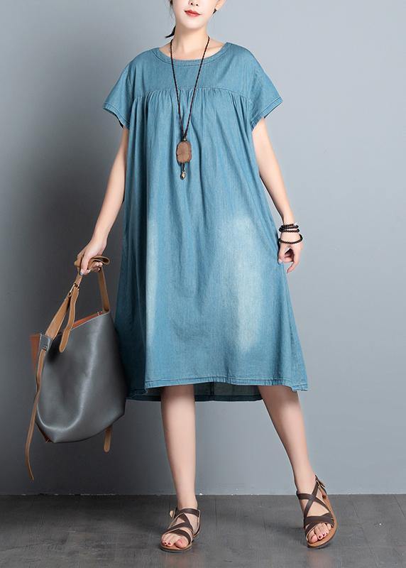 Handmade Denim Blue Quilting Clothes O Neck Patchwork Daily Summer Dress
