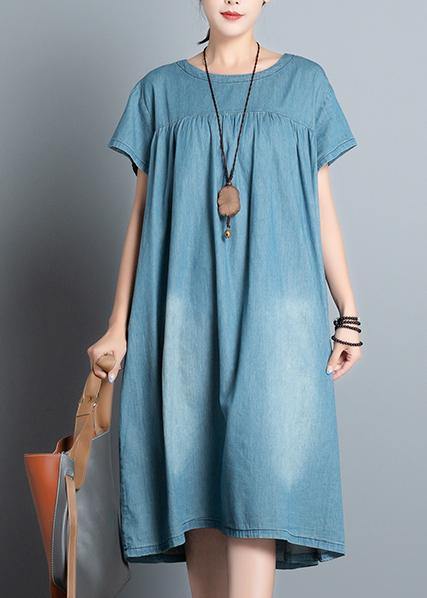 Handmade Denim Blue Quilting Clothes O Neck Patchwork Daily Summer Dress