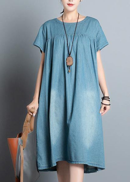Handmade Denim Blue Quilting Clothes O Neck Patchwork Daily Summer Dress