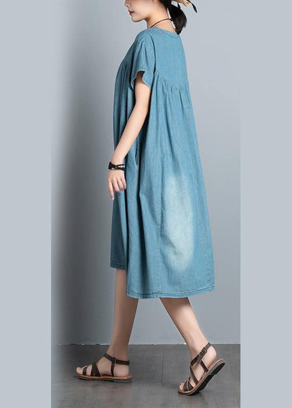 Handmade Denim Blue Quilting Clothes O Neck Patchwork Daily Summer Dress