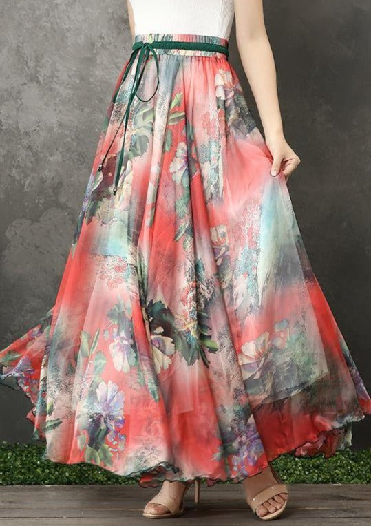 Handmade Elastic Tie Waist Chiffon Tunic Pattern Work Outfits Red Prints Dresses Summer
