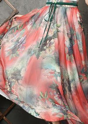 Handmade Elastic Tie Waist Chiffon Tunic Pattern Work Outfits Red Prints Dresses Summer