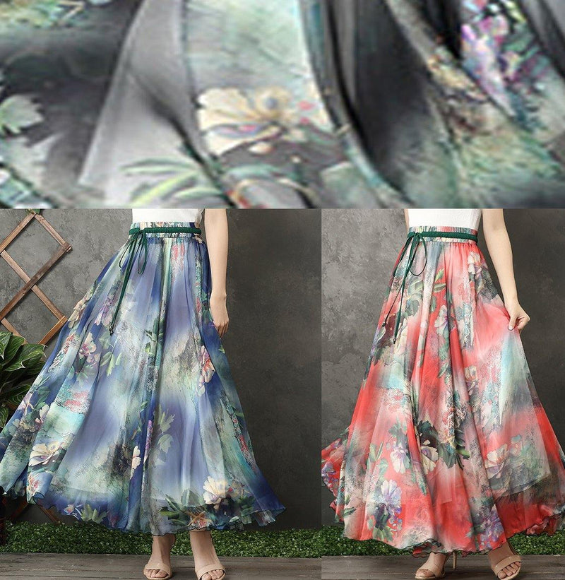 Handmade Elastic Tie Waist Chiffon Tunic Pattern Work Outfits Red Prints Dresses Summer