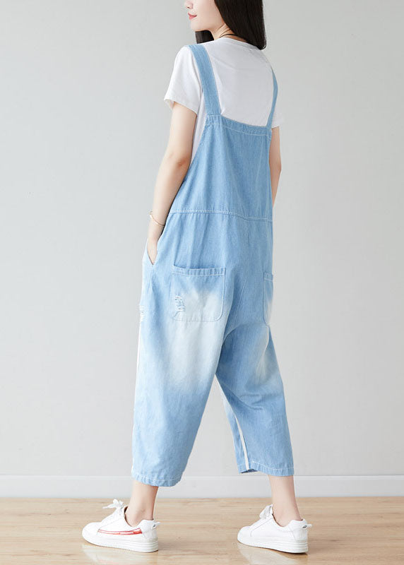 Handmade Light Blue Pockets Striped Jumpsuits Summer