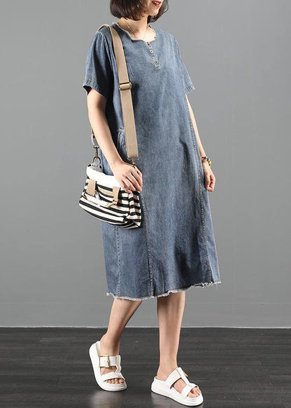 Handmade O Neck Pockets Wardrobes Fabrics Denim Blue Dresses
