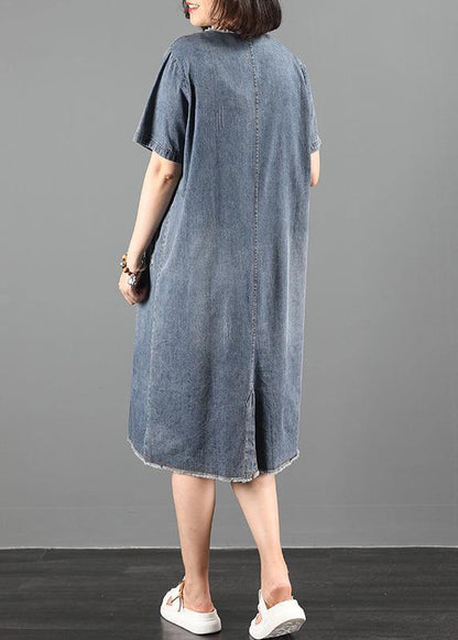 Handmade O Neck Pockets Wardrobes Fabrics Denim Blue Dresses