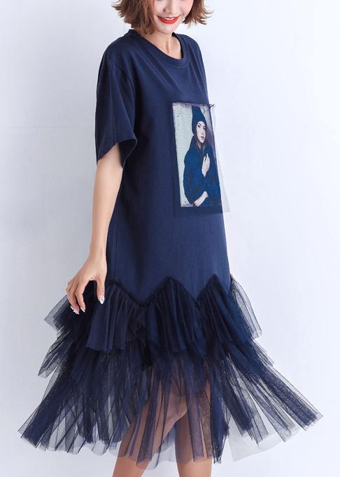 Handmade Patchwork Tulle Cotton Clothes for Photography Dark Blue Midi Dress Summer