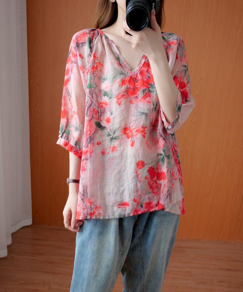 Handmade V Neck Summer Shirts Wardrobes Red Print Blouses