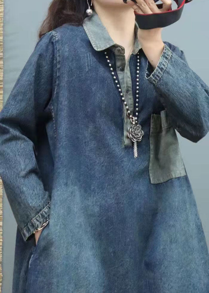 Handmade Blue V Neck Patchwork Denim Dresses Winter