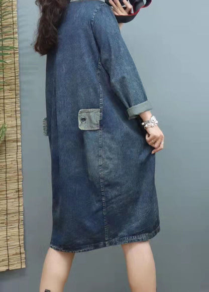 Handmade Blue V Neck Patchwork Denim Dresses Winter