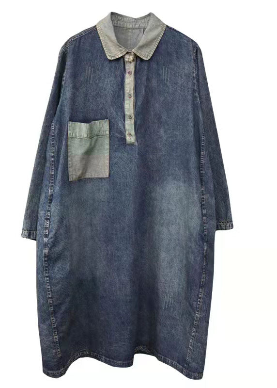 Handmade Blue V Neck Patchwork Denim Dresses Winter