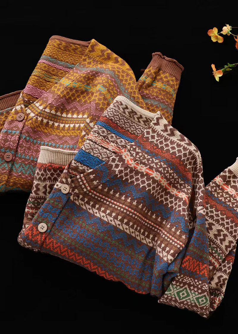 Handmade Yellow Loose V Neck Print Button Fall Knit Cardigan Long Sleeve
