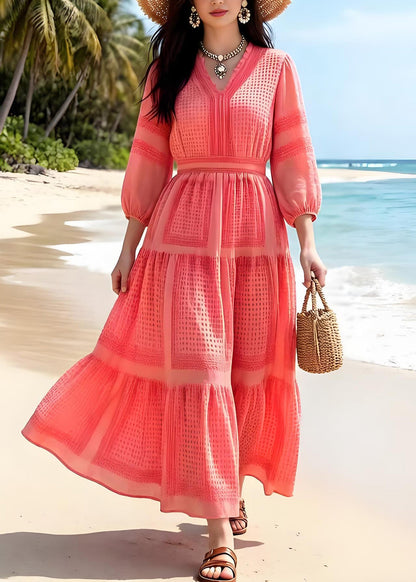 Holiday Style Orange V Neck Ruffled Print Chiffon Dress Summer