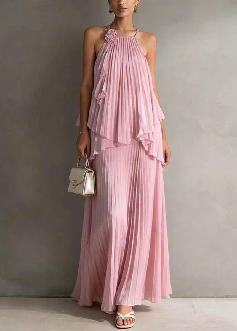 Holiday Style Pink Pleated Top and Skirts Chiffon Two Pieces Set Summer