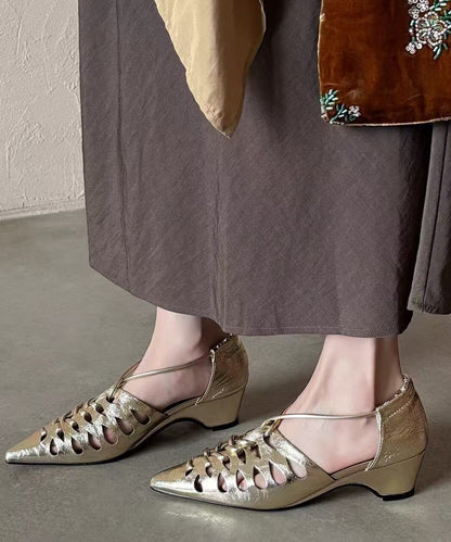 Hollow Out Golden Sandals Pointed Toe Chunky Sandals