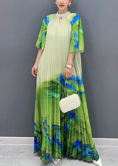 Hues and Artistic Flai Green Wrinkled Long Dresses Half Sleeve