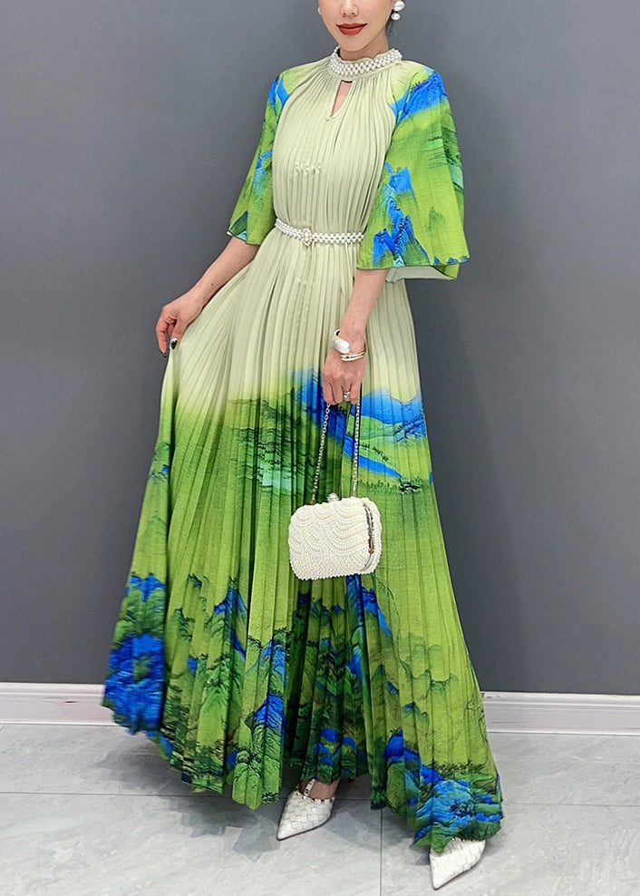 Hues and Artistic Flai Green Wrinkled Long Dresses Half Sleeve