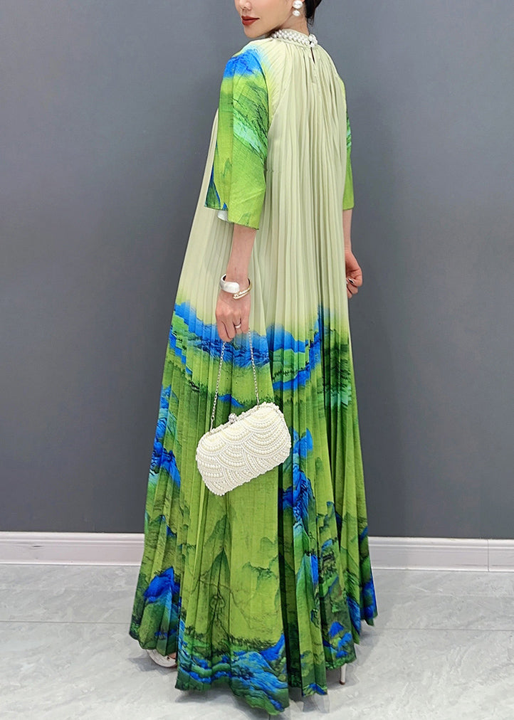 Hues and Artistic Flai Green Wrinkled Long Dresses Half Sleeve