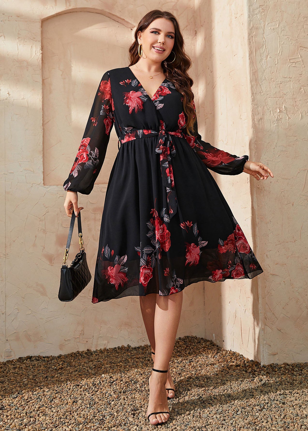 Ialian Black V Neck Tie Waist Patchwork Chiffon Mid Dresses Fall