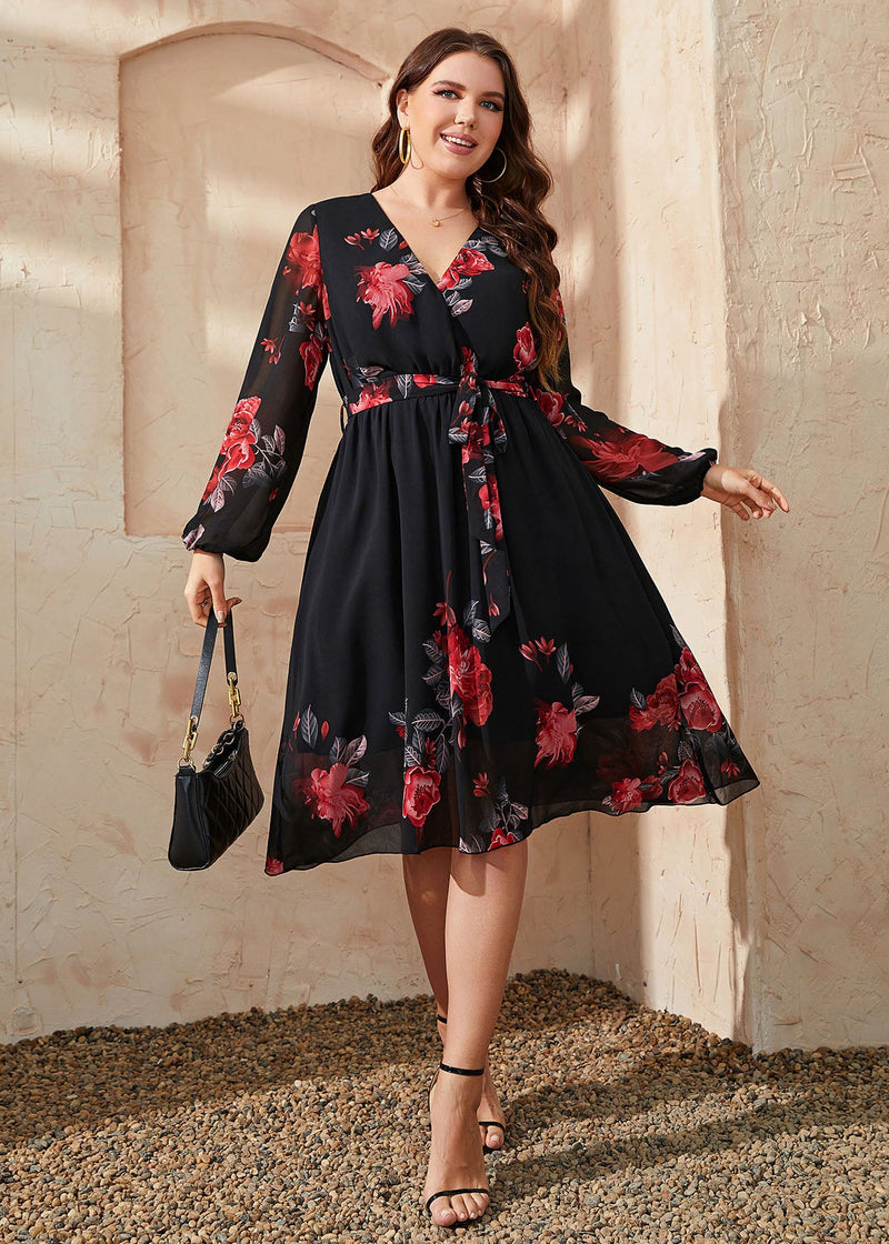 Ialian Black V Neck Tie Waist Patchwork Chiffon Mid Dresses Fall