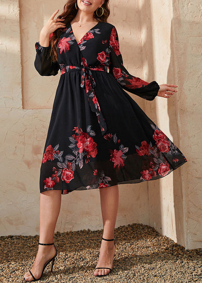 Ialian Black V Neck Tie Waist Patchwork Chiffon Mid Dresses Fall