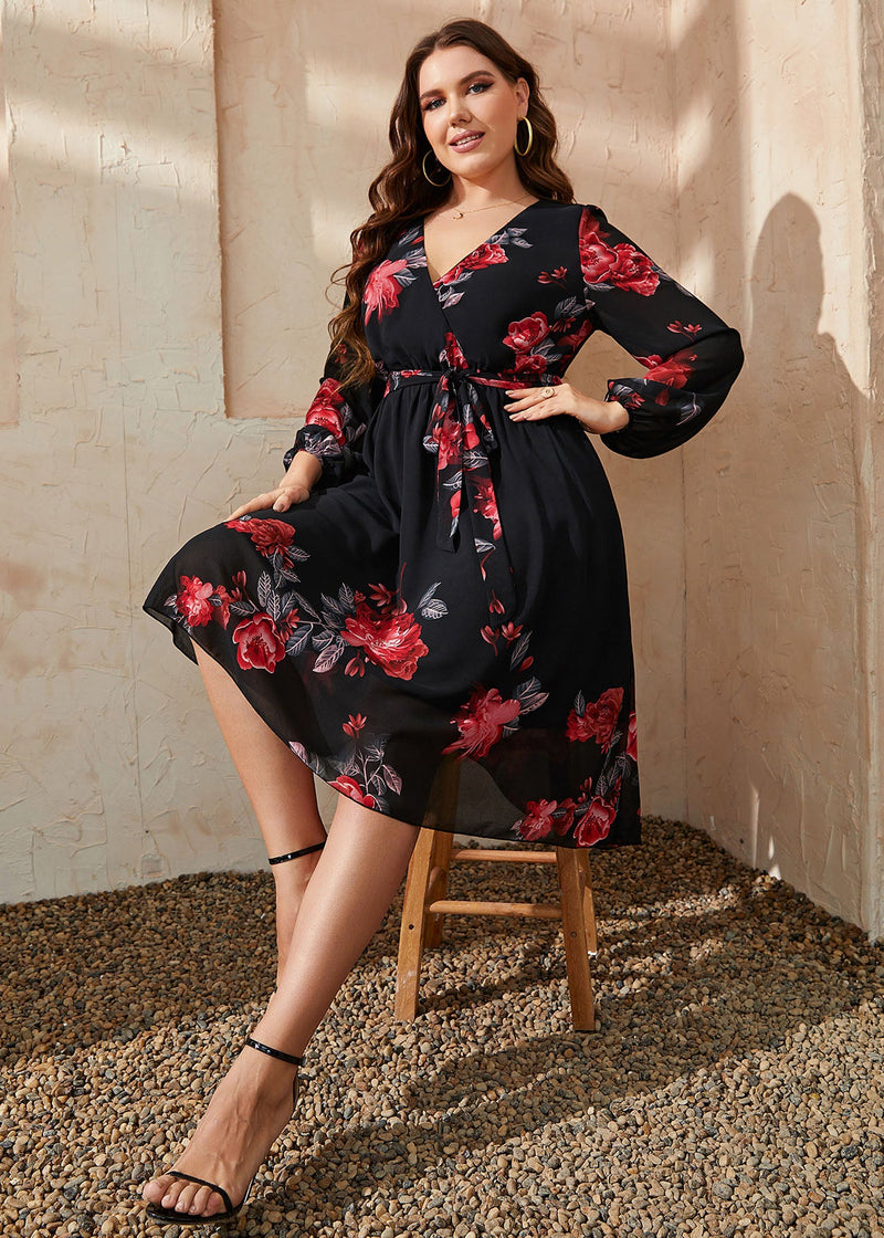 Ialian Black V Neck Tie Waist Patchwork Chiffon Mid Dresses Fall