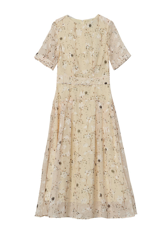 Italian Apricot O-neck Print Wrinkled Chiffon Dresses Summer