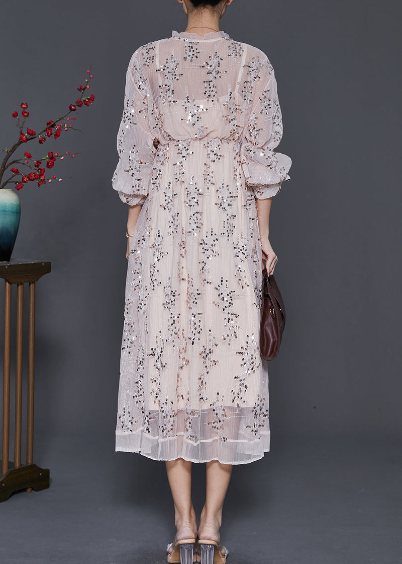 Italian Apricot Ruffled Sequins Tulle Maxi Dress Spring
