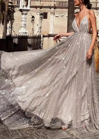Italian Apricot V Neck Backless Sequins Spaghetti Strap Dress Summer