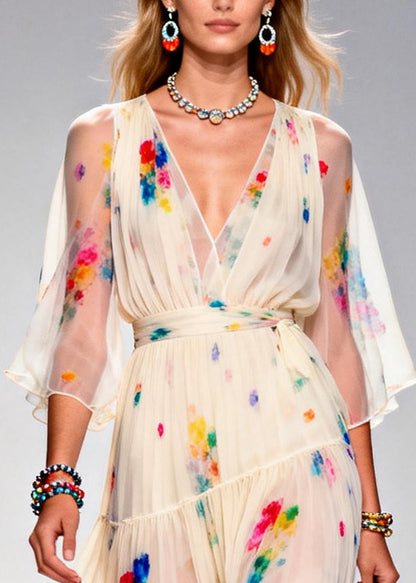 Italian Apricot V Neck Tie Dye Chiffon Party Dresses Summer
