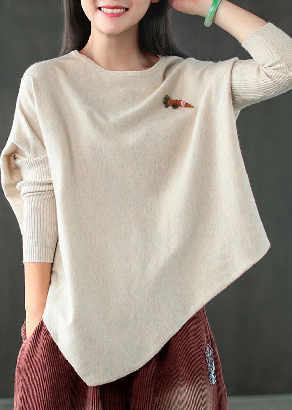 Italian Beige O-neck Asymmetrical Knit Tops Spring