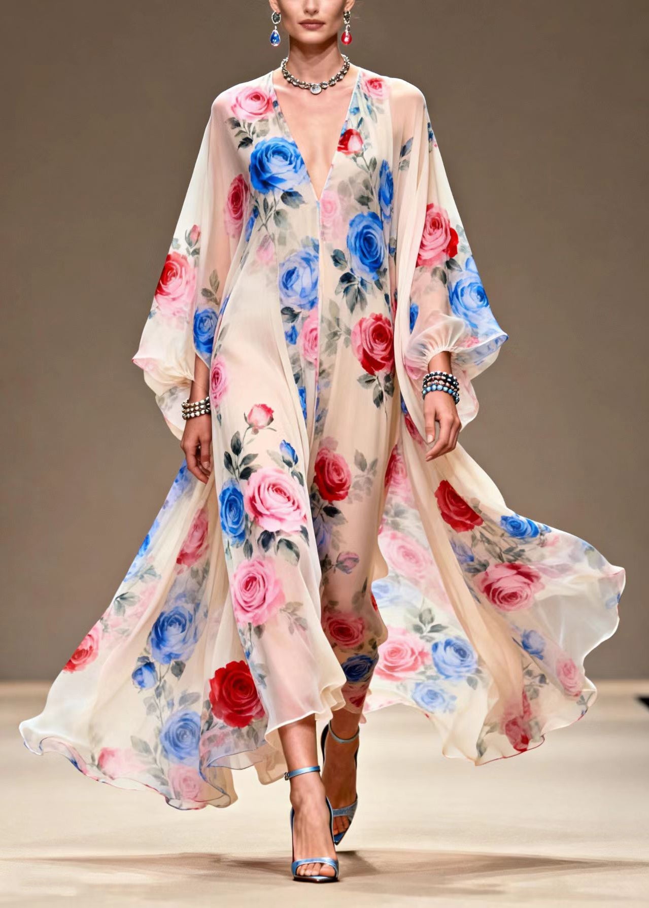 Italian Beige Print Exra Large Hem Chiffon Maxi Dresses Summer