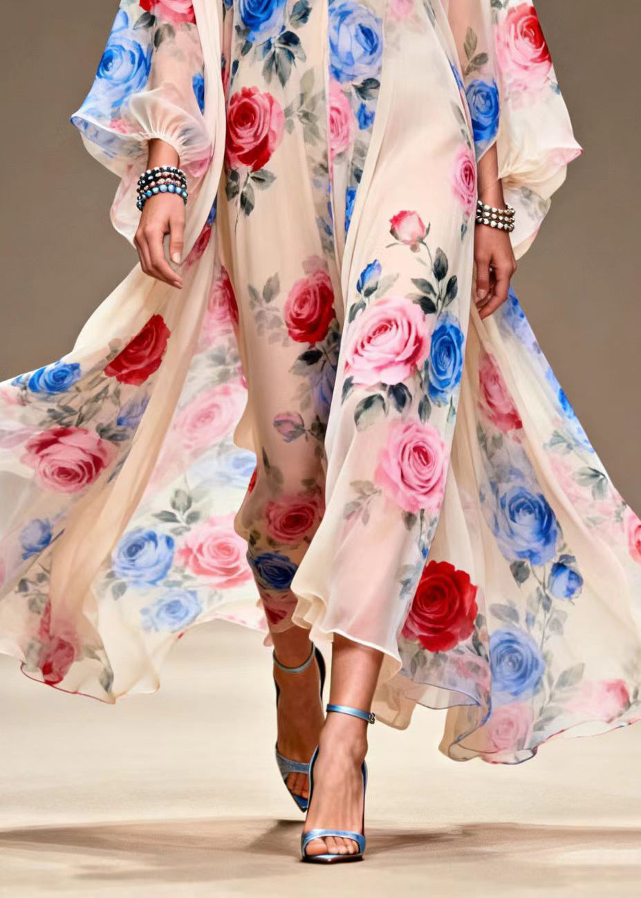 Italian Beige Print Exra Large Hem Chiffon Maxi Dresses Summer