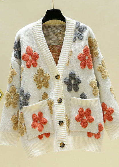 Italian Beige V Neck Embroideried Cozy Knit Cardigans Fall