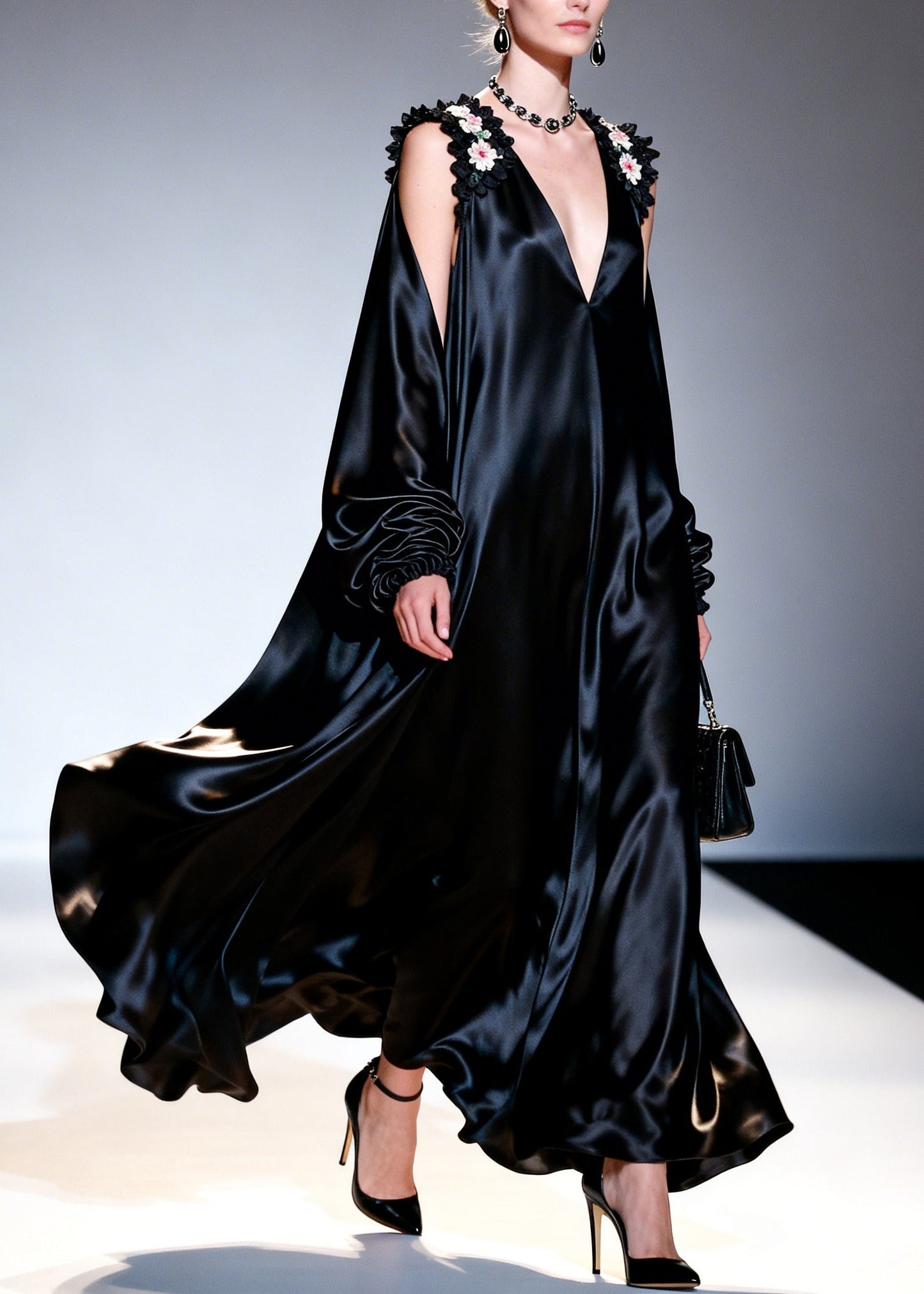 Italian Black Cold Shoulder Silk Party Dress Summer