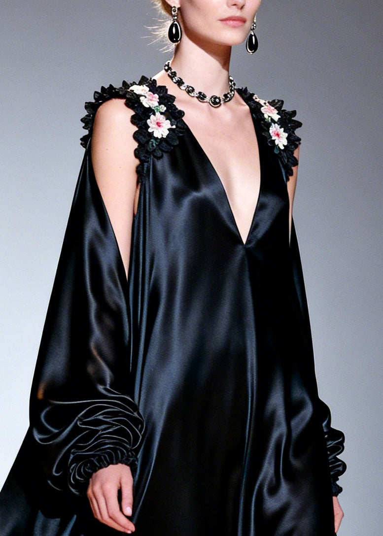 Italian Black Cold Shoulder Silk Party Dress Summer