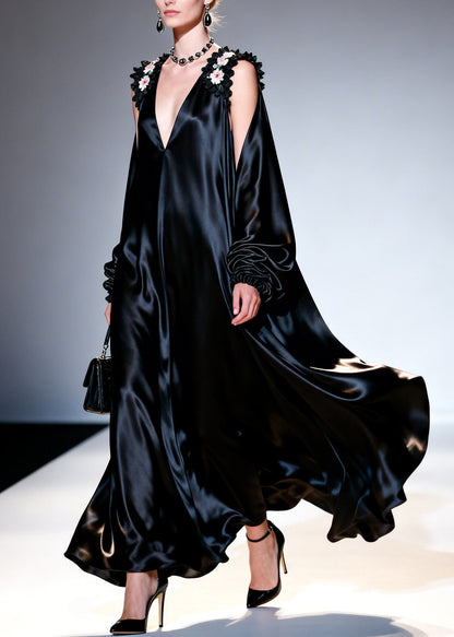 Italian Black Cold Shoulder Silk Party Dress Summer