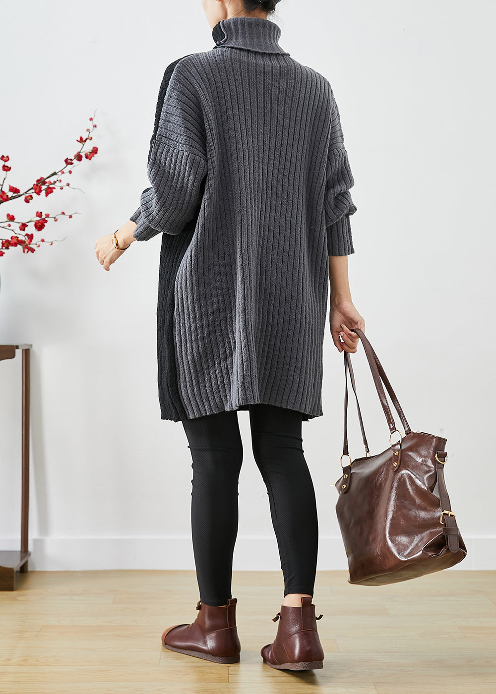 Italian Black Grey Turtle Neck Patchwork Knit Wear on Both Sides Sweater Dress Winter