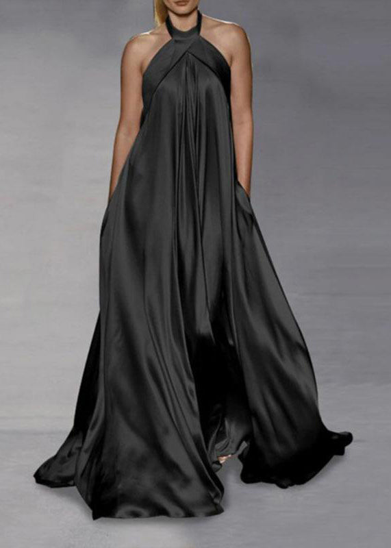 Italian Black Halter Patchwork Silk Long Dress Summer