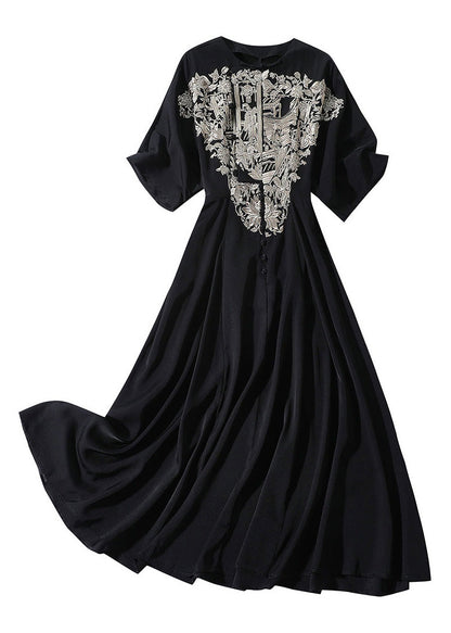 Italian Black O-neck Embroideried Button Silk Long Dress Summer