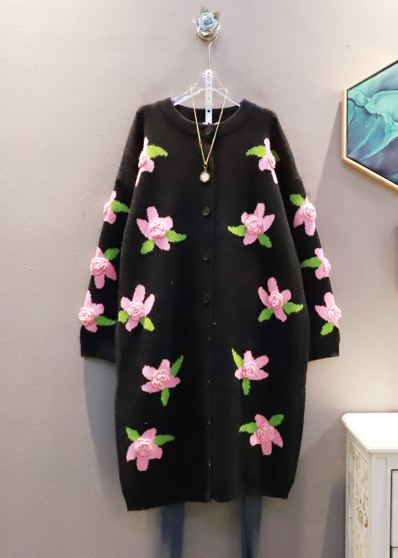 Italian Black O-neck Warm Knit Loose Cardigan Spring