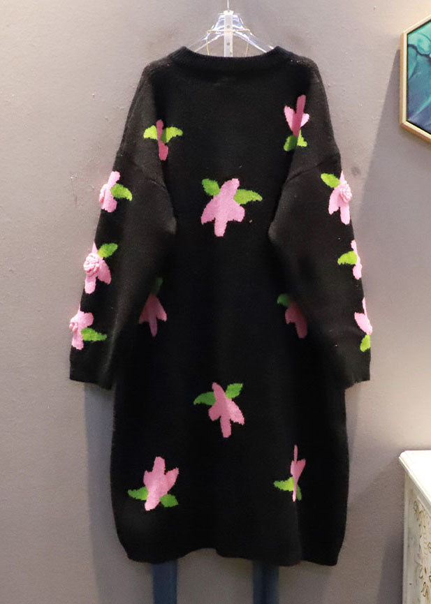 Italian Black O-neck Warm Knit Loose Cardigan Spring