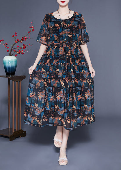 Italian Black O-neck Oversized Print Silk Vaction Dress Summer