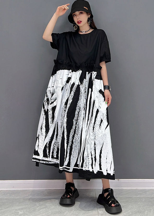 Italian Black O-neck Patchwork Print Wrinkled Cotton Long Dress Short Sleeve