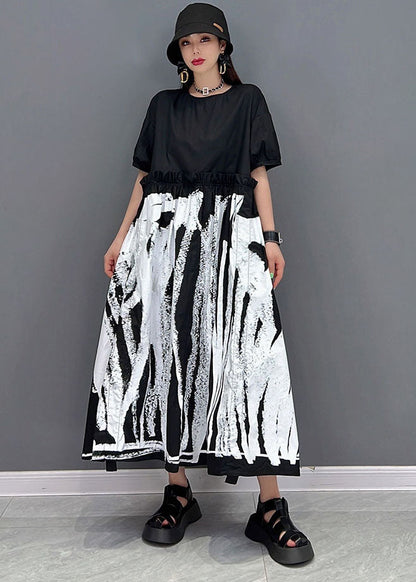 Italian Black O-neck Patchwork Print Wrinkled Cotton Long Dress Short Sleeve